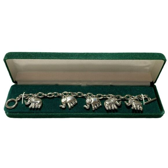 Puffed Elephant Silvertone Oval Link Bracelet 7.5" Upward Trunk Toggle Clasp Box - Picture 6 of 6